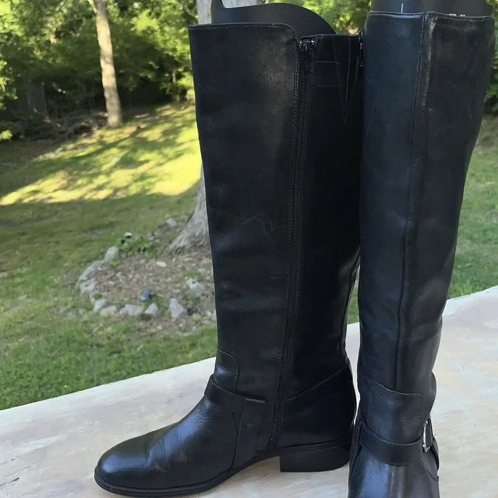 Lauren Ralph Lauren Margarite Black Leather Knee High Riding Boots 8B Buckle Zip